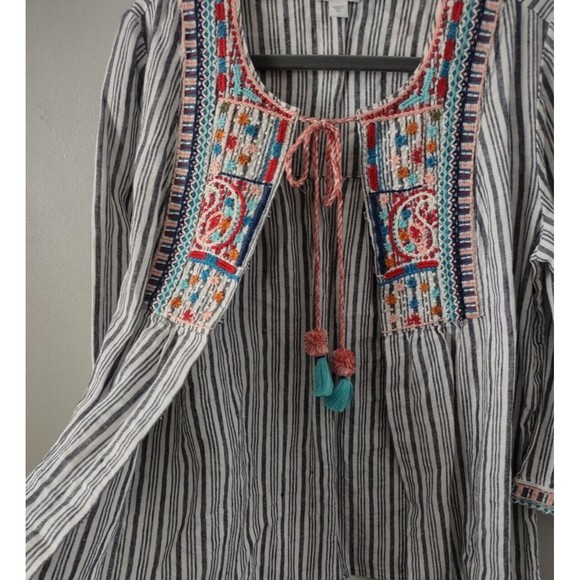 J Jill Linen Open Front Top Womens XS Striped Embroidered Cover Up Layer Piece - Picture 6 of 7